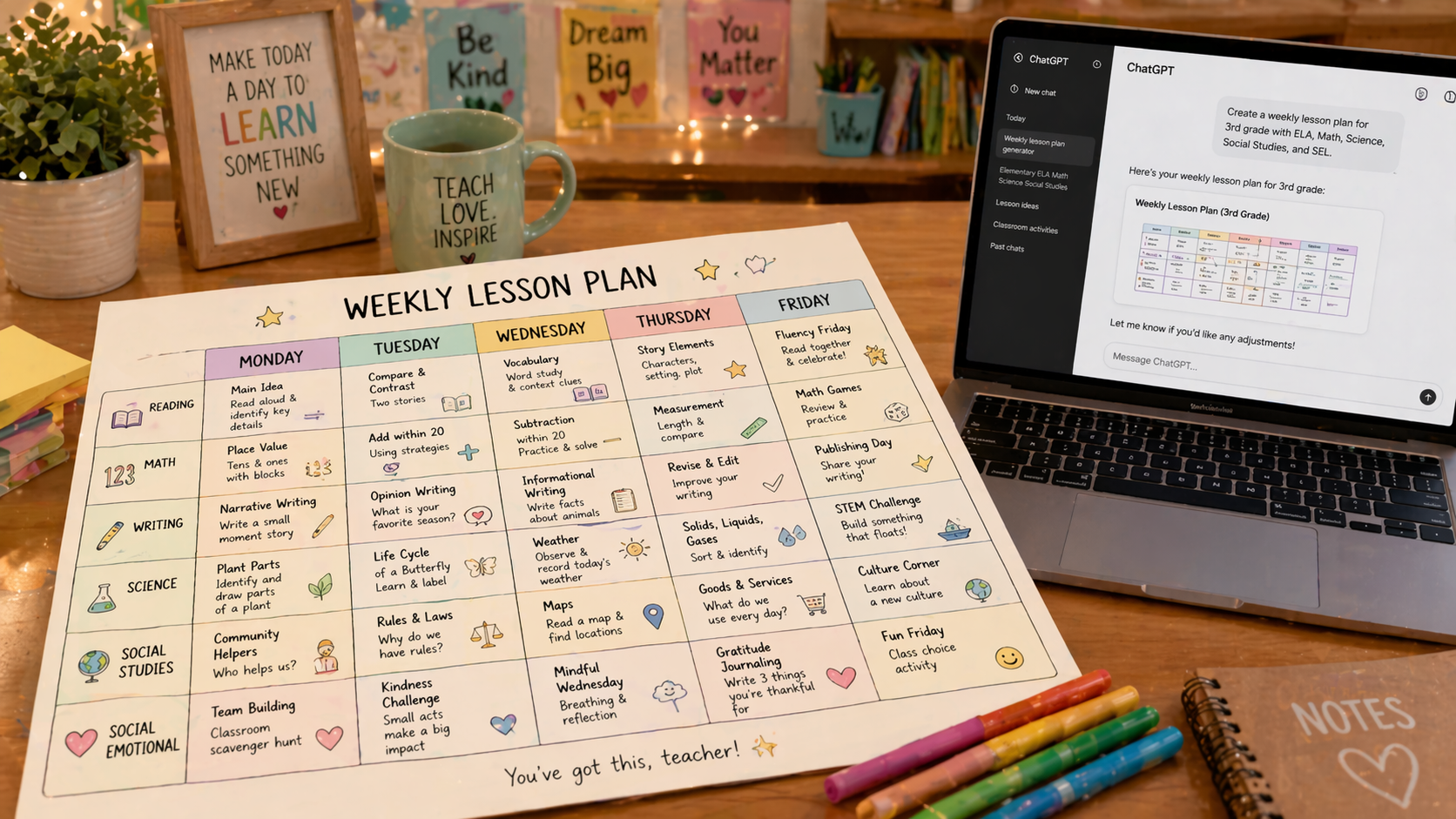 Weekly lesson plan template ChatGPT elementary teachers